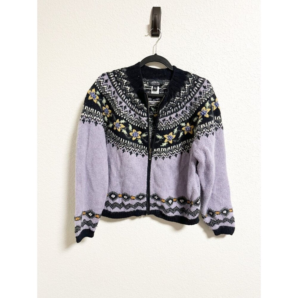 Icelandic Design Vintage Wool Angora Knit Cardigan Zip Up Fair Isle Floral Large